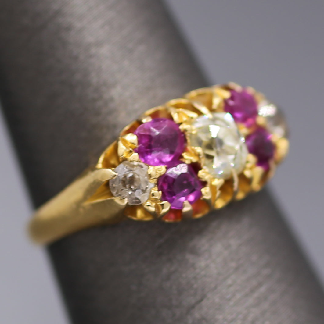 Antique Ruby and Old Mine Cut Diamond Band Ring in 18k Yellow Gold