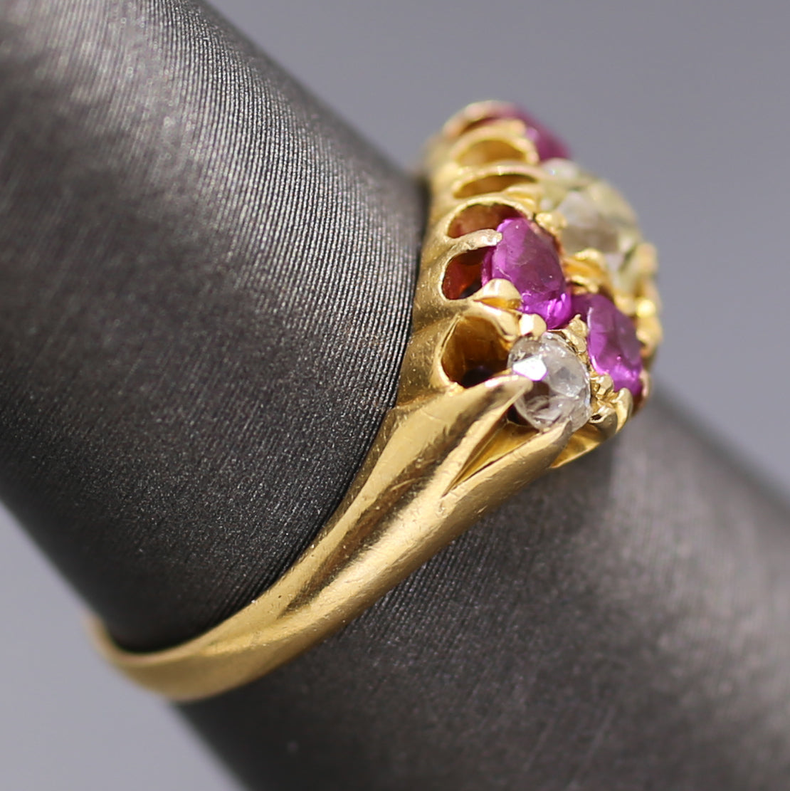 Antique Ruby and Old Mine Cut Diamond Band Ring in 18k Yellow Gold