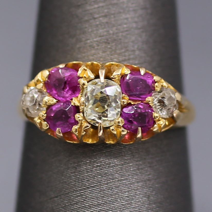 Antique Ruby and Old Mine Cut Diamond Band Ring in 18k Yellow Gold