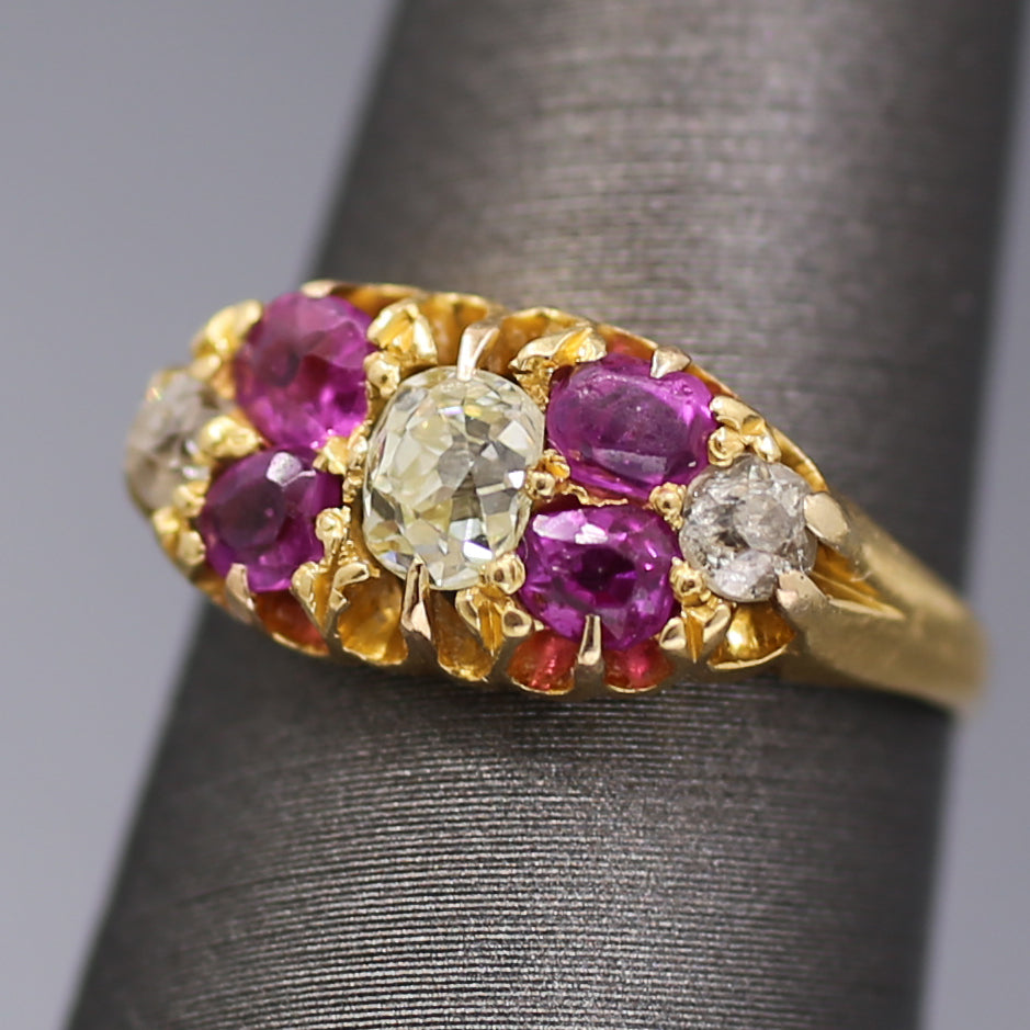 Antique Ruby and Old Mine Cut Diamond Band Ring in 18k Yellow Gold