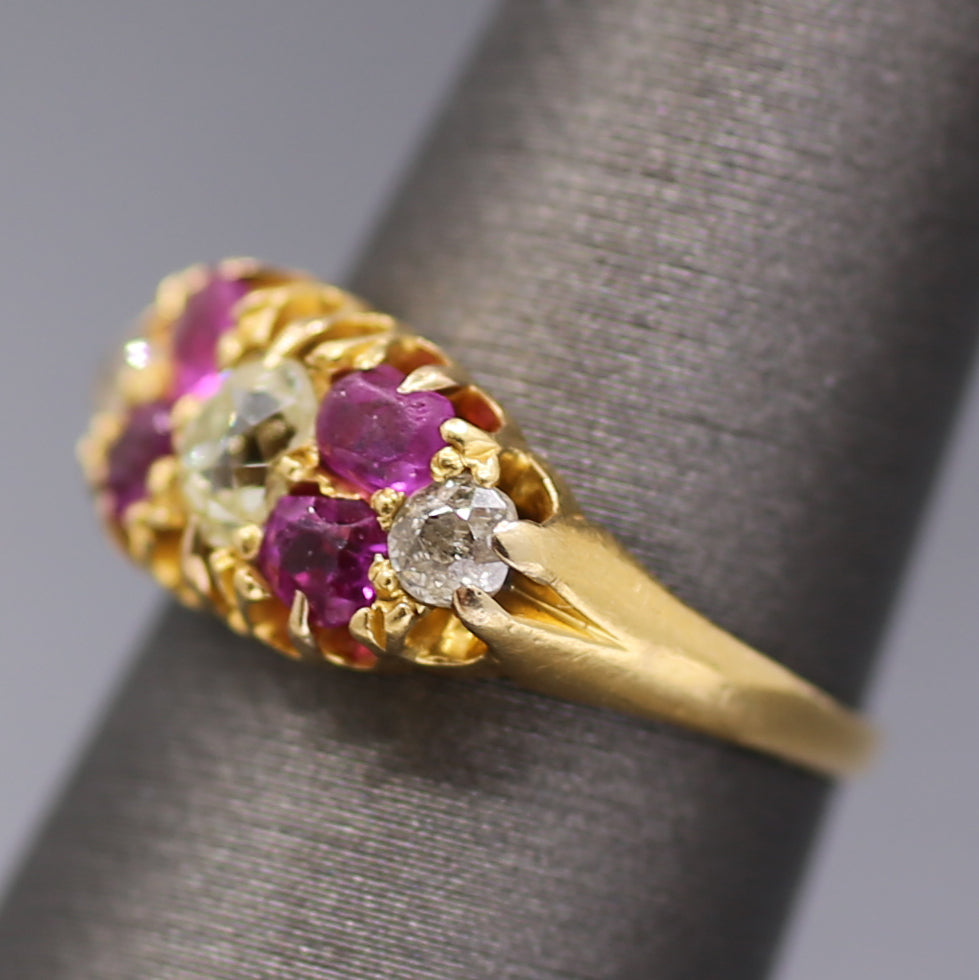 Antique Ruby and Old Mine Cut Diamond Band Ring in 18k Yellow Gold