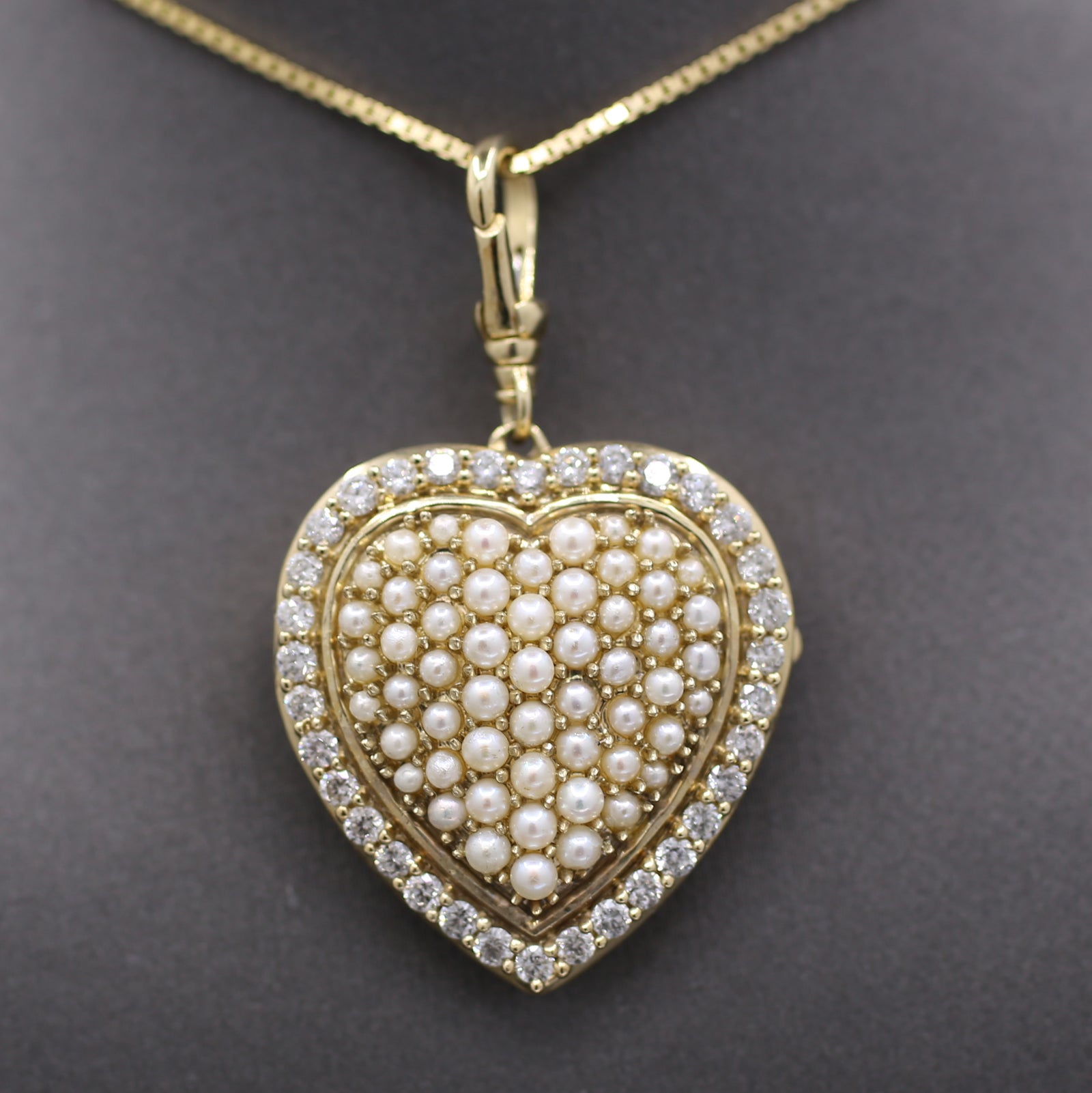 Vintage Large Diamond and Pearl Heart Shaped Locket in 10k Yellow Gold