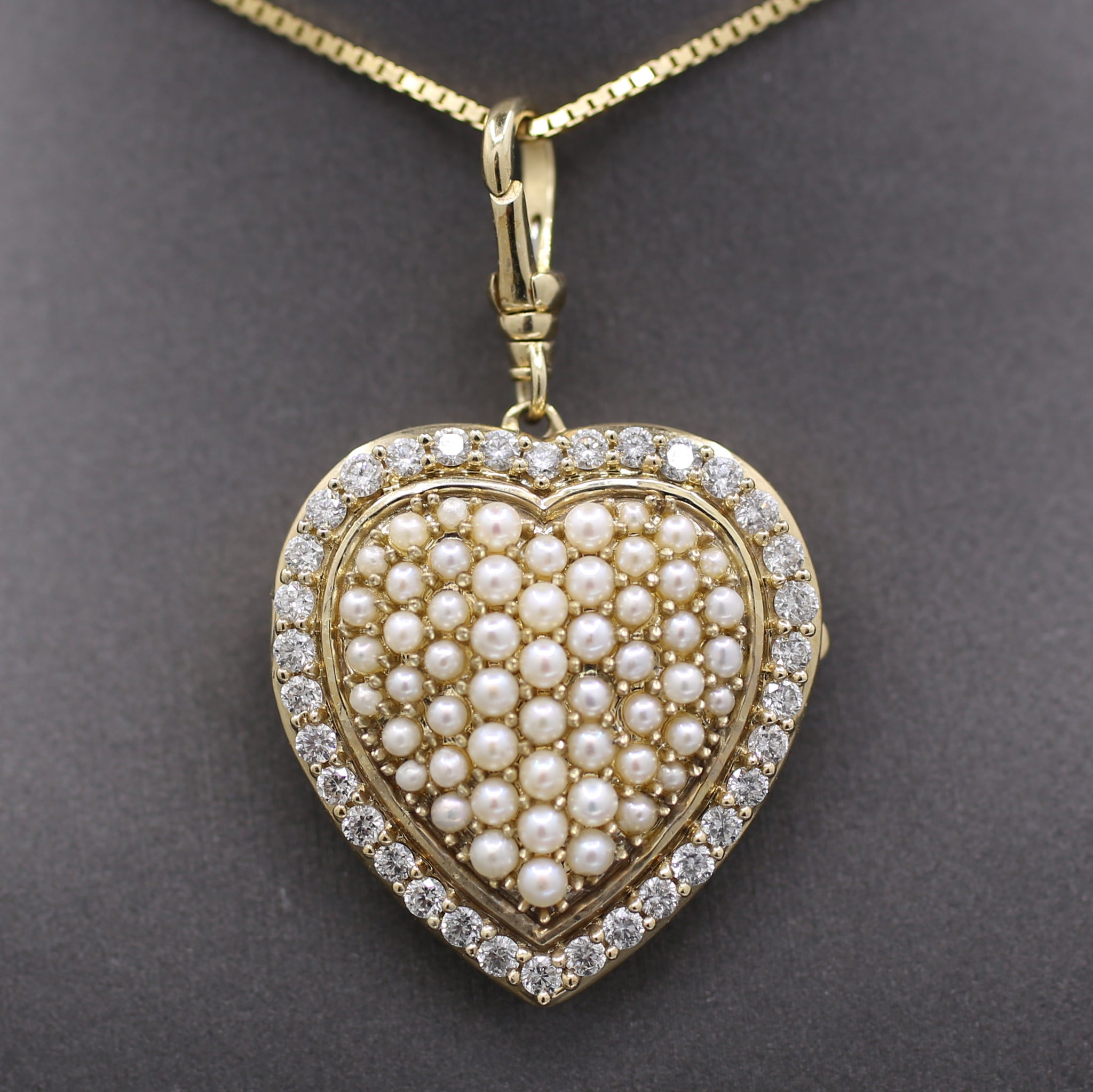 Vintage Large Diamond and Pearl Heart Shaped Locket in 10k Yellow Gold