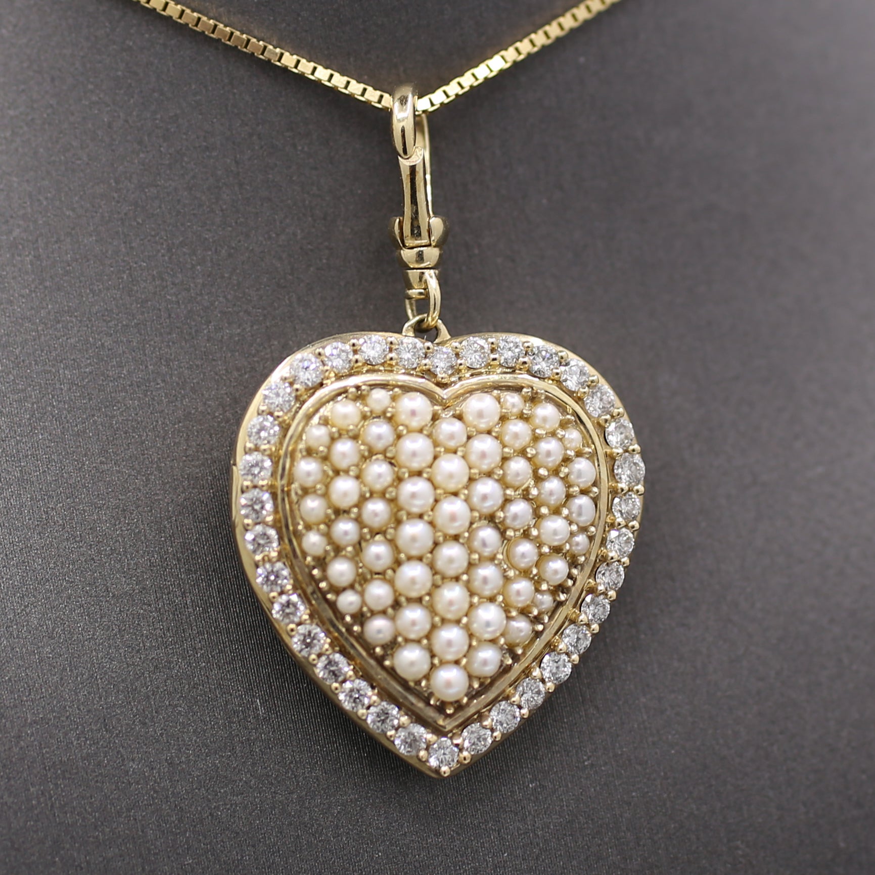Vintage Large Diamond and Pearl Heart Shaped Locket in 10k Yellow Gold
