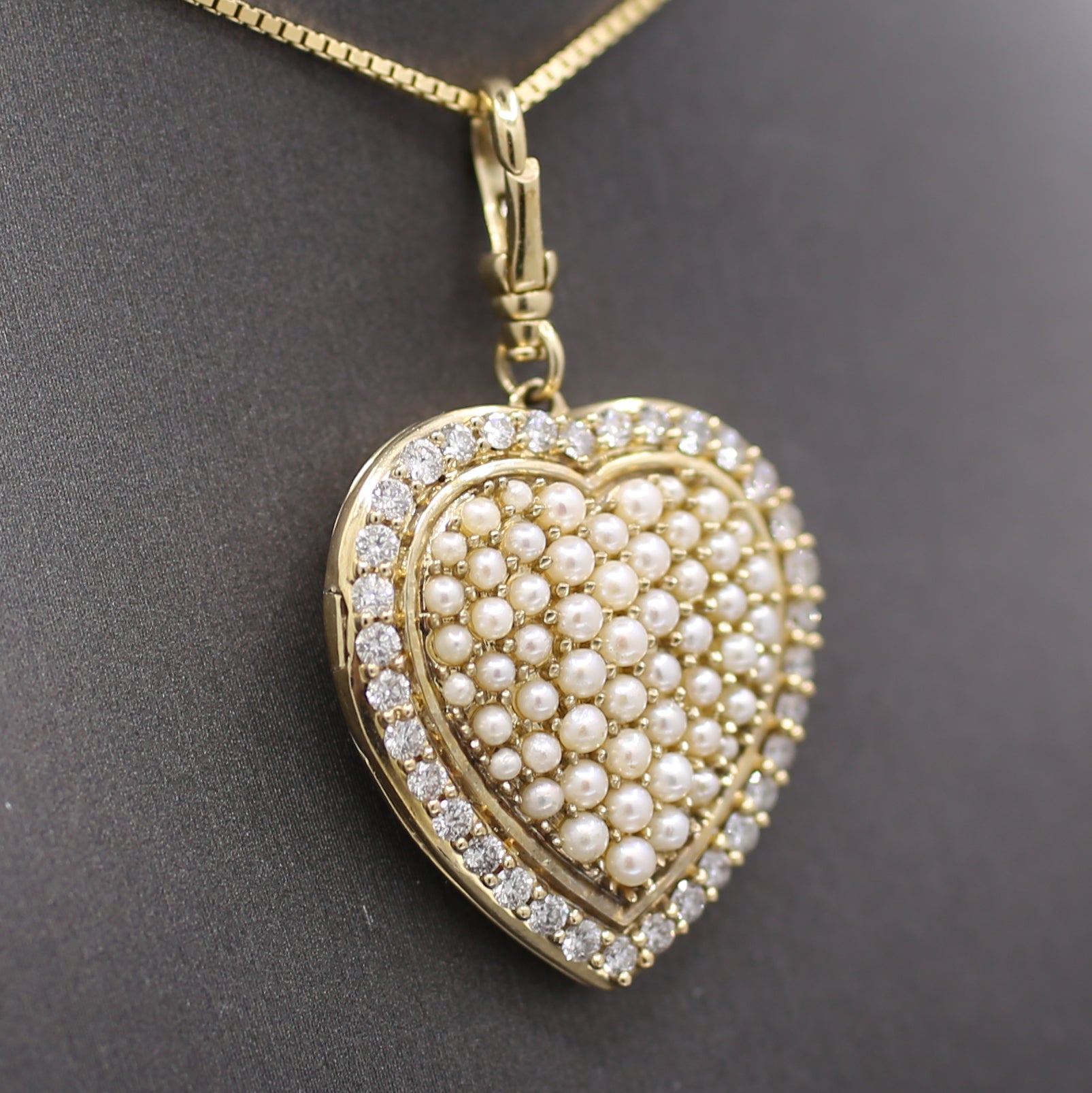 Vintage Large Diamond and Pearl Heart Shaped Locket in 10k Yellow Gold