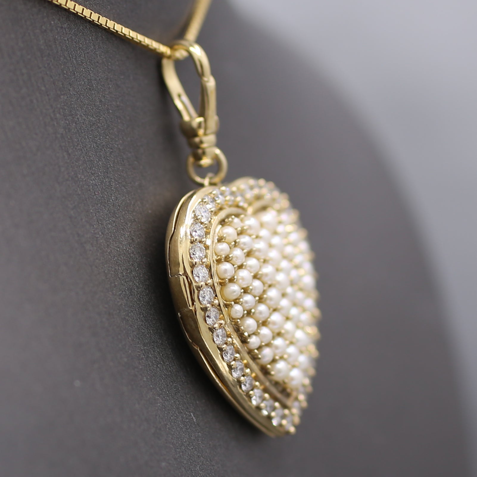 Vintage Large Diamond and Pearl Heart Shaped Locket in 10k Yellow Gold