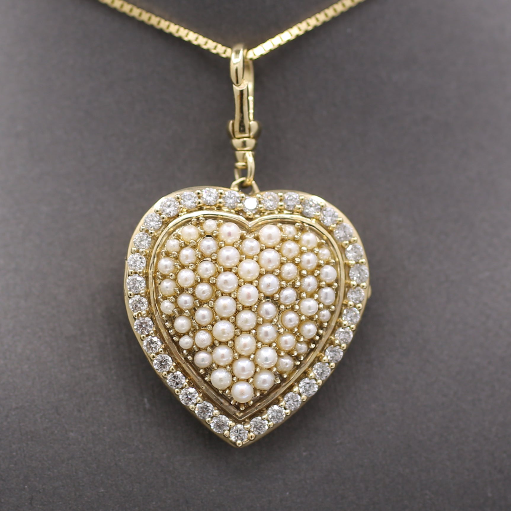 Vintage Large Diamond and Pearl Heart Shaped Locket in 10k Yellow Gold
