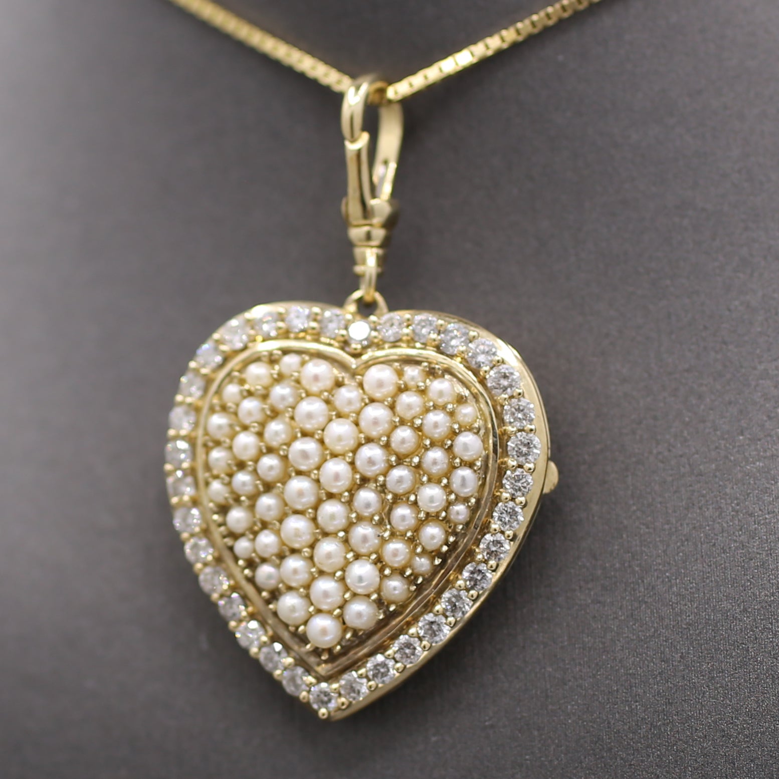 Vintage Large Diamond and Pearl Heart Shaped Locket in 10k Yellow Gold