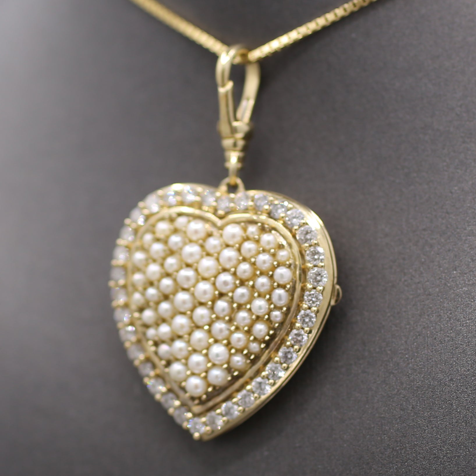 Vintage Large Diamond and Pearl Heart Shaped Locket in 10k Yellow Gold