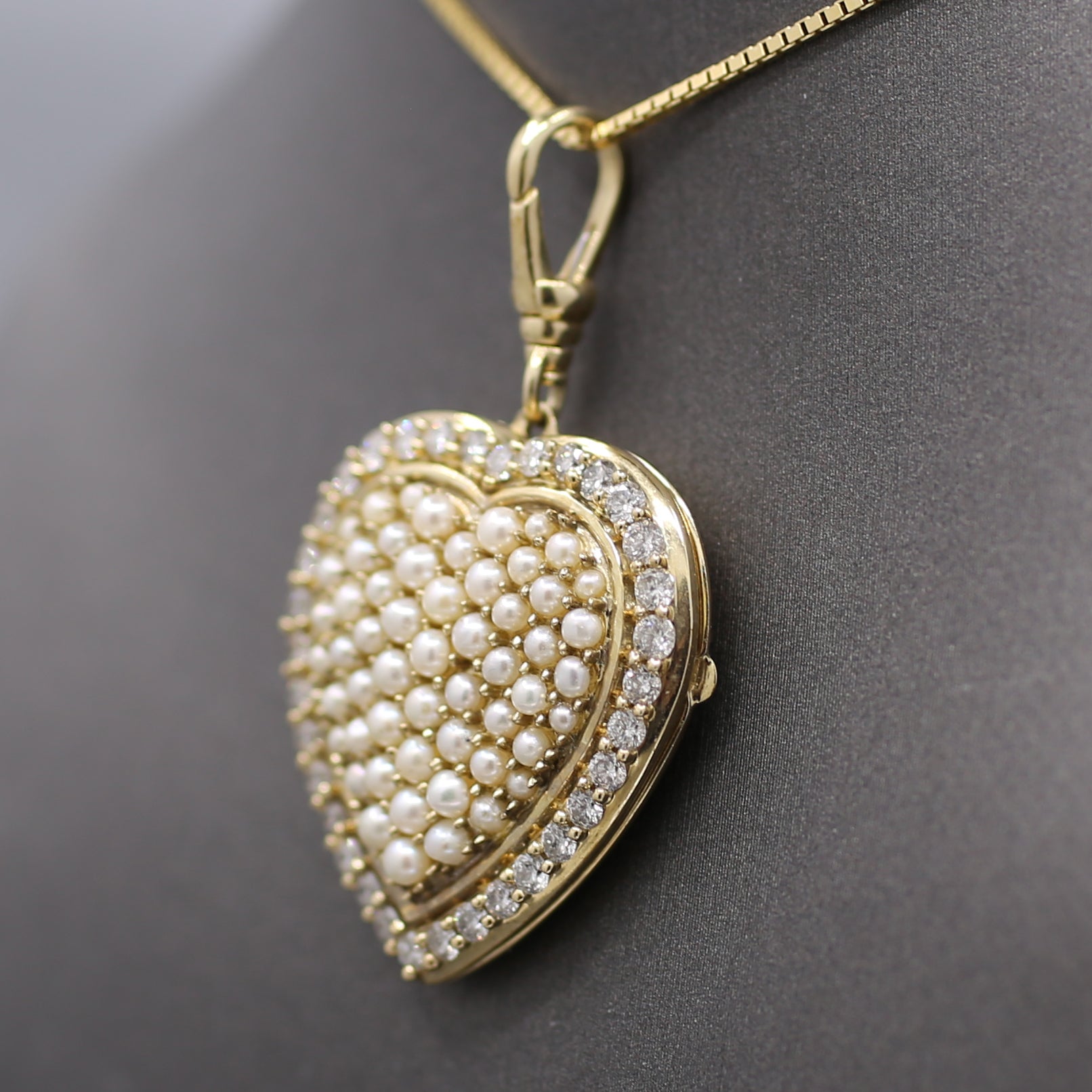 Vintage Large Diamond and Pearl Heart Shaped Locket in 10k Yellow Gold