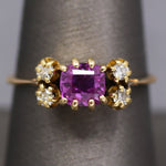 Lovely Vintage Purple Pink Sapphire and Diamond Ring in 14k Yellow Gold