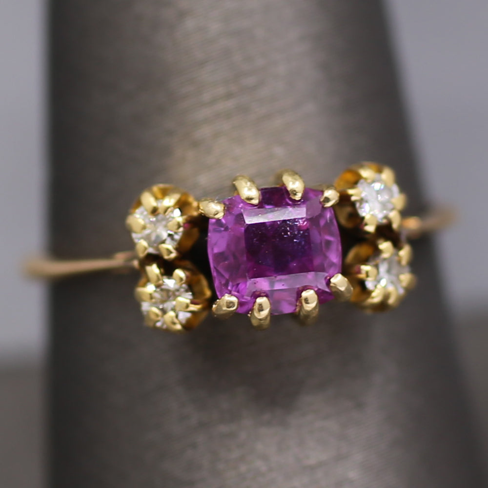 Lovely Vintage Purple Pink Sapphire and Diamond Ring in 14k Yellow Gold