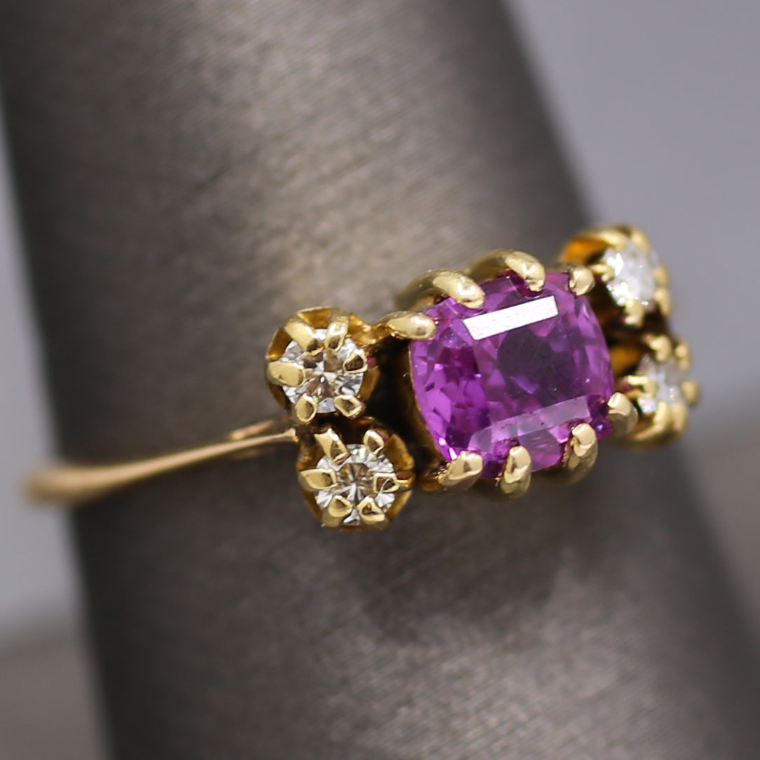 Lovely Vintage Purple Pink Sapphire and Diamond Ring in 14k Yellow Gold