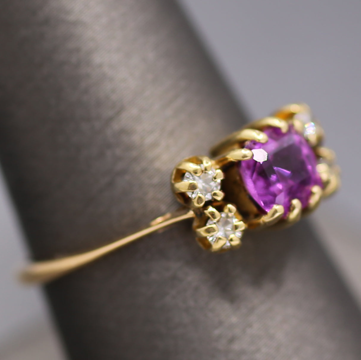 Lovely Vintage Purple Pink Sapphire and Diamond Ring in 14k Yellow Gold