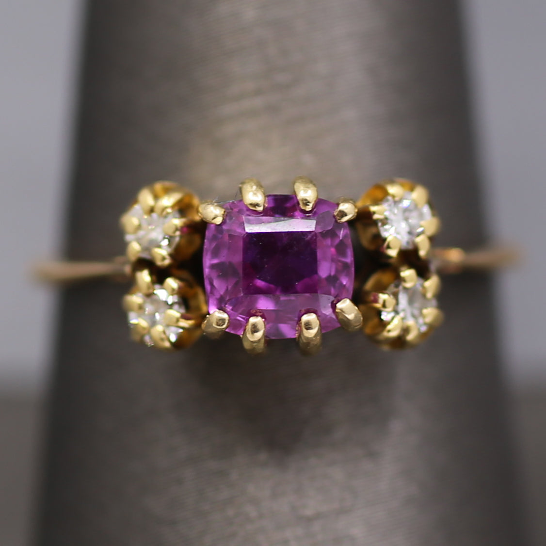 Lovely Vintage Purple Pink Sapphire and Diamond Ring in 14k Yellow Gold