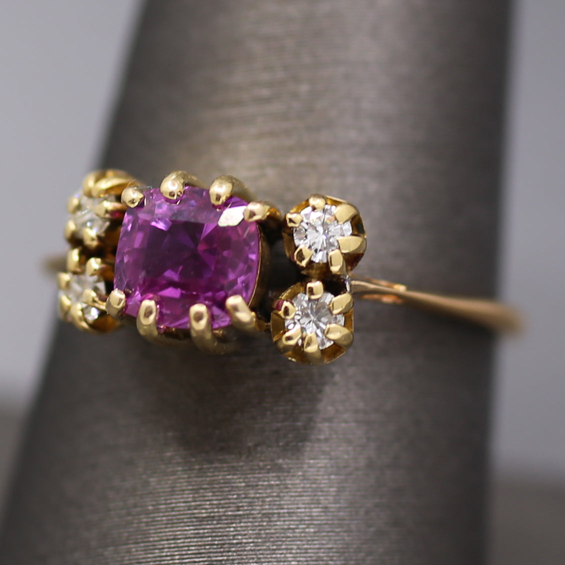 Lovely Vintage Purple Pink Sapphire and Diamond Ring in 14k Yellow Gold