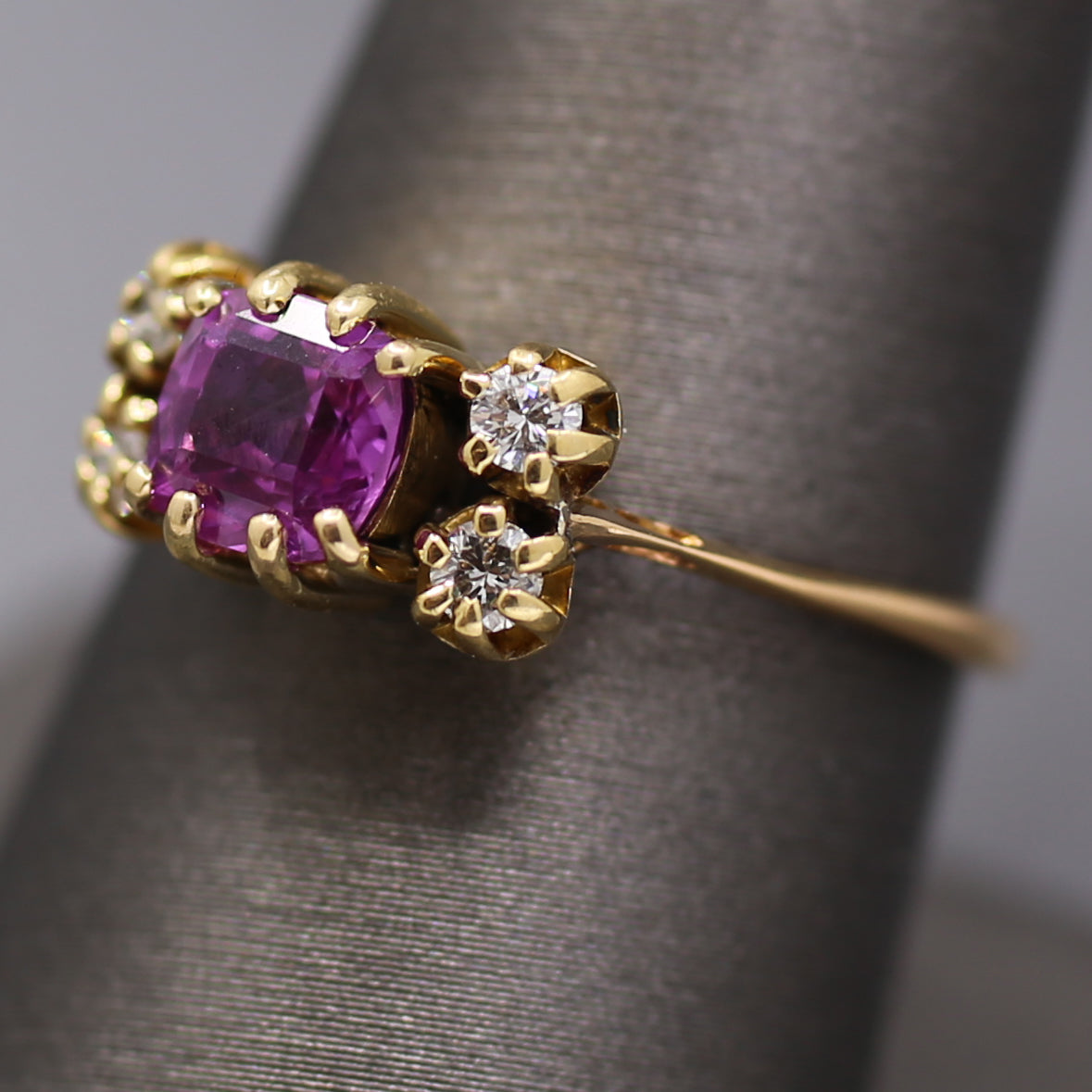 Lovely Vintage Purple Pink Sapphire and Diamond Ring in 14k Yellow Gold