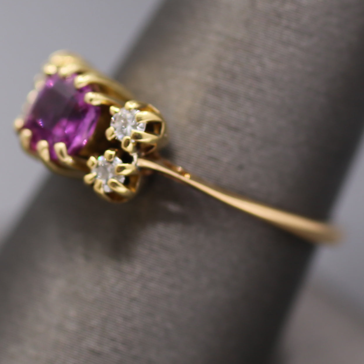 Lovely Vintage Purple Pink Sapphire and Diamond Ring in 14k Yellow Gold