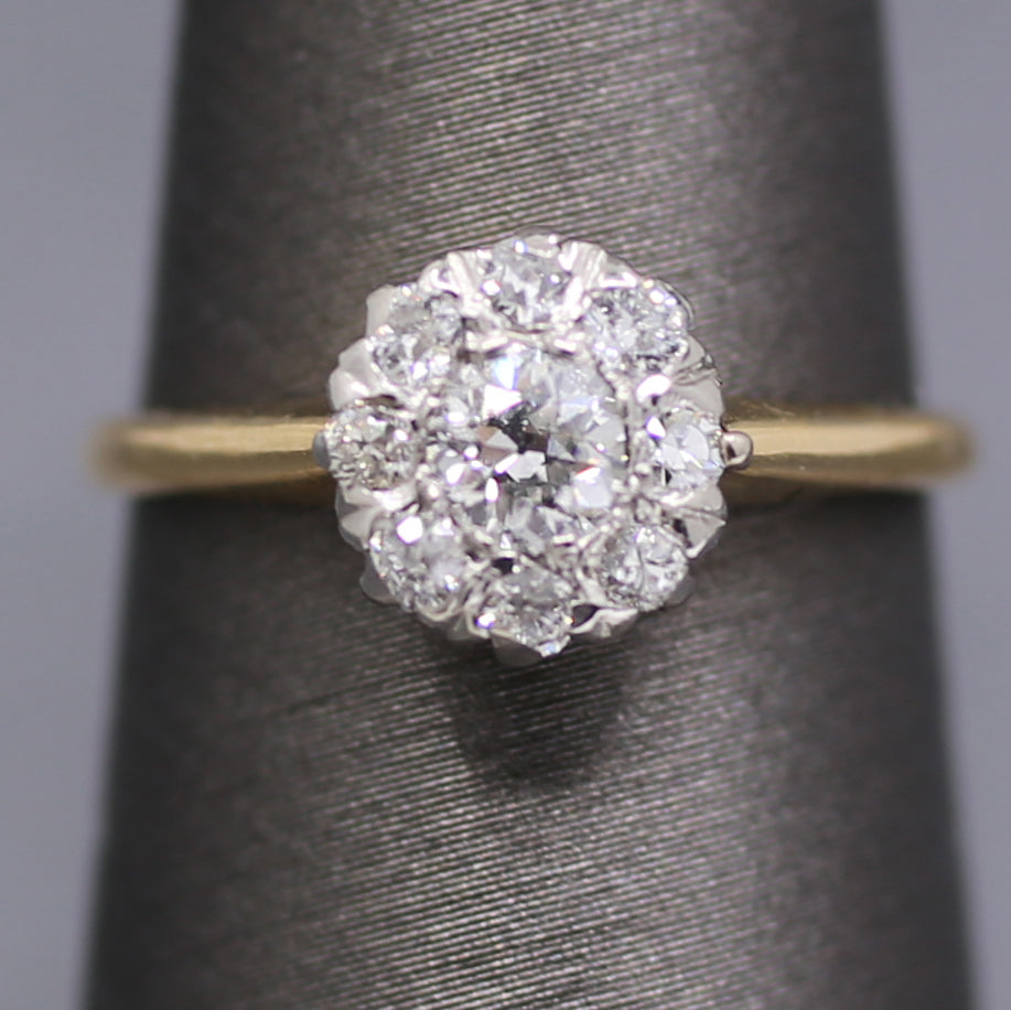 Edwardian Old European Cut Diamond Cluster Ring in Platinum and 14k Yellow Gold