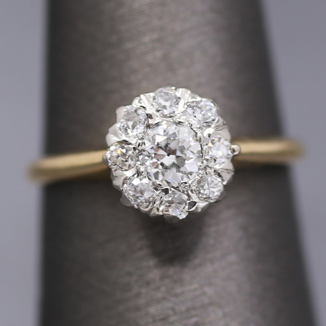 Edwardian Old European Cut Diamond Cluster Ring in Platinum and 14k Yellow Gold