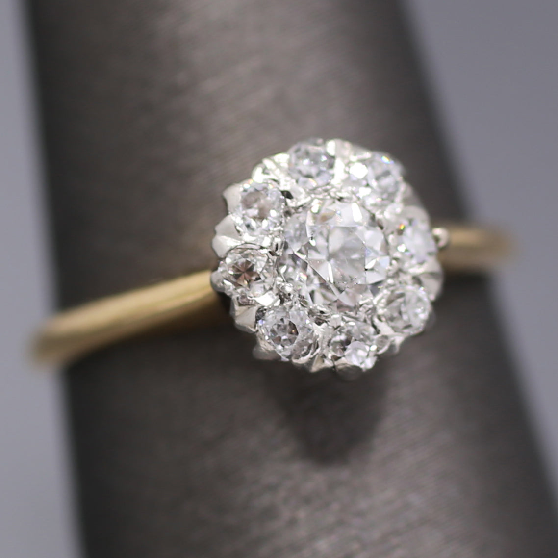 Edwardian Old European Cut Diamond Cluster Ring in Platinum and 14k Yellow Gold