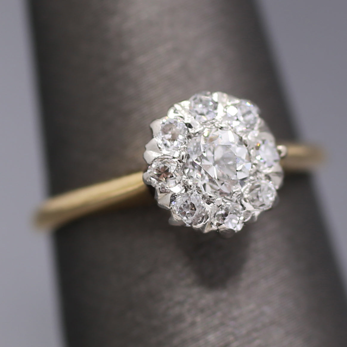 Edwardian Old European Cut Diamond Cluster Ring in Platinum and 14k Yellow Gold