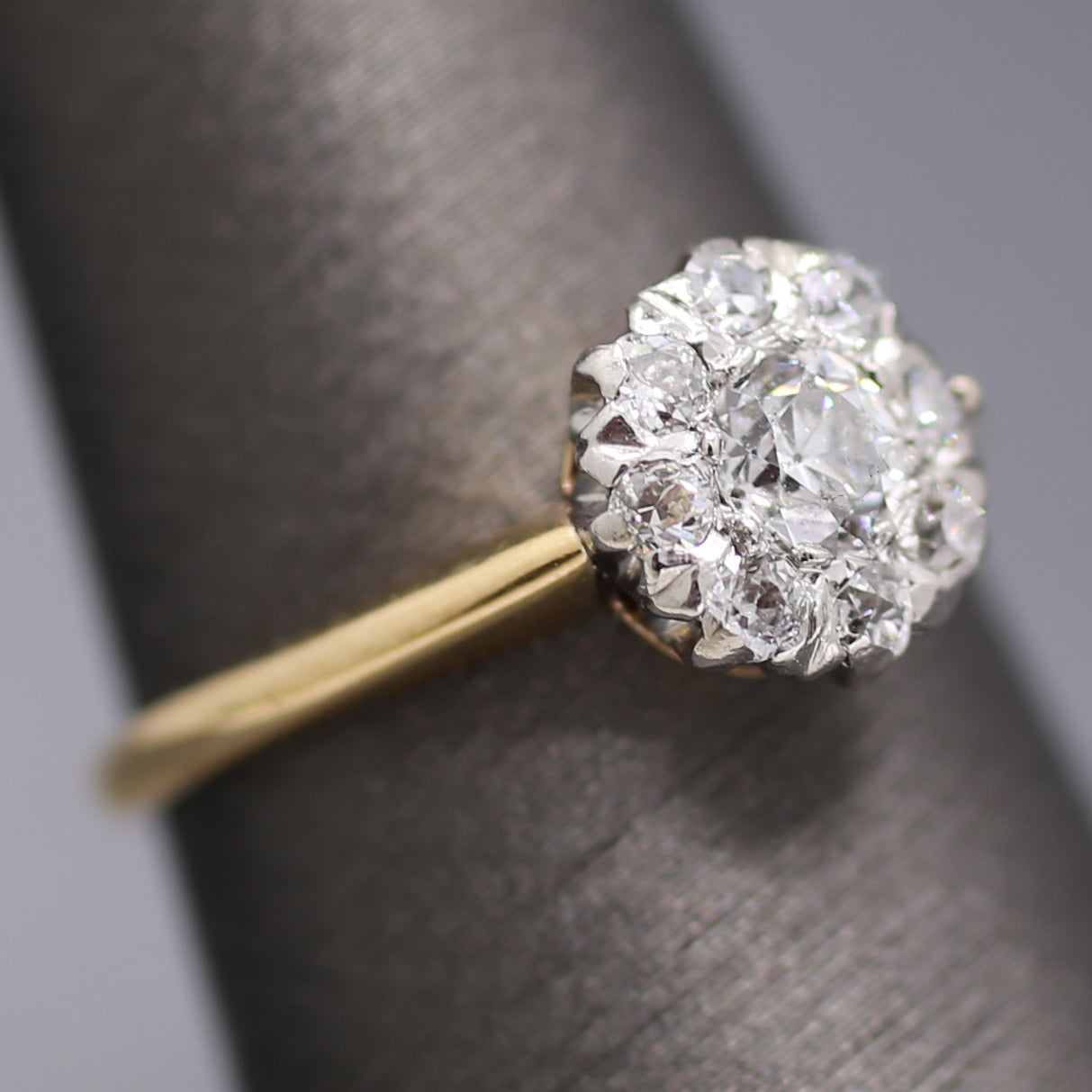 Edwardian Old European Cut Diamond Cluster Ring in Platinum and 14k Yellow Gold