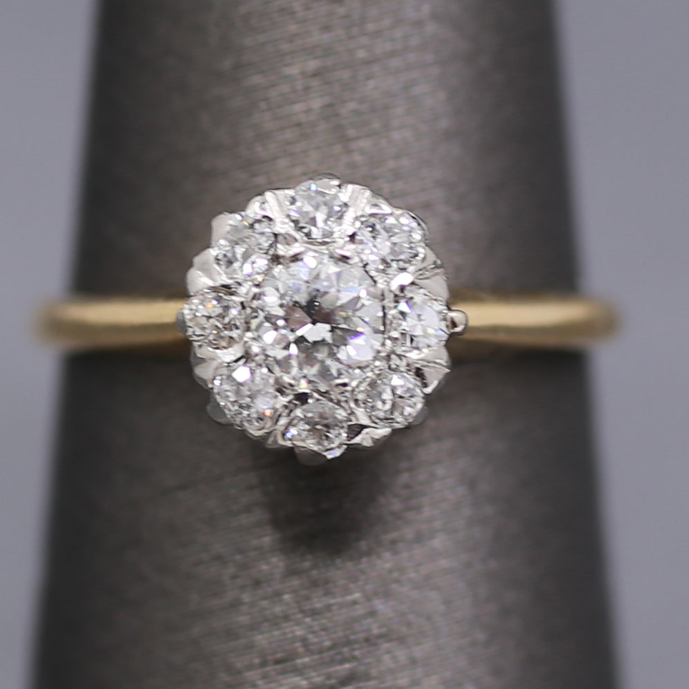 Edwardian Old European Cut Diamond Cluster Ring in Platinum and 14k Yellow Gold