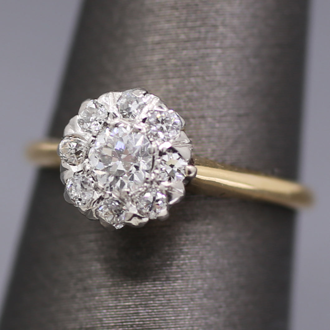 Edwardian Old European Cut Diamond Cluster Ring in Platinum and 14k Yellow Gold