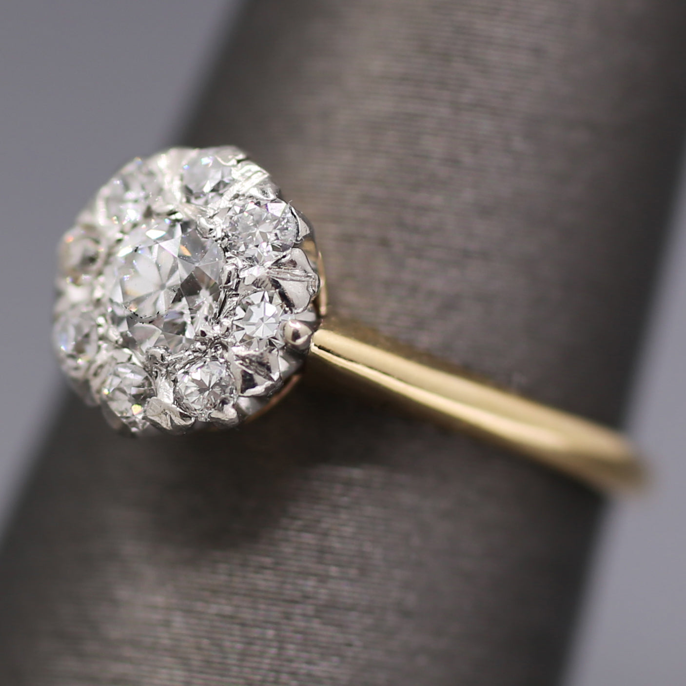 Edwardian Old European Cut Diamond Cluster Ring in Platinum and 14k Yellow Gold