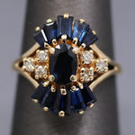 Art Deco Inspired Blue Sapphire and Diamond Cluster Ring in 14k Yellow Gold