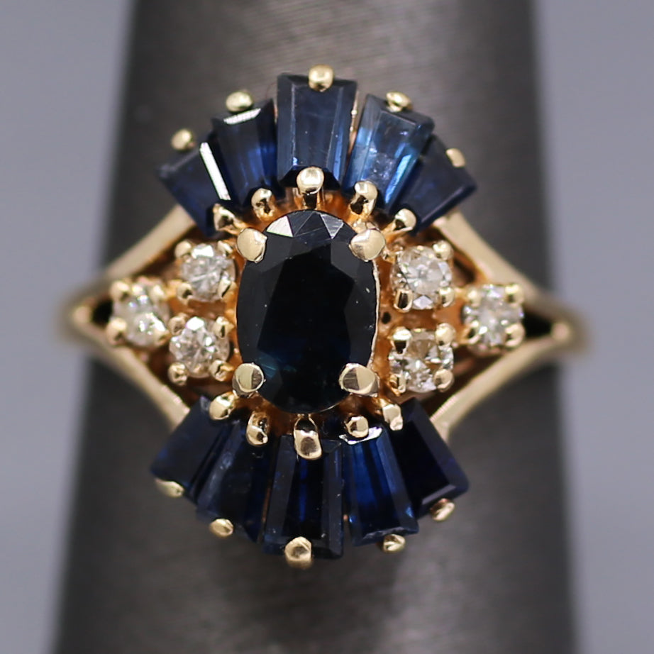 Art Deco Inspired Blue Sapphire and Diamond Cluster Ring in 14k Yellow Gold