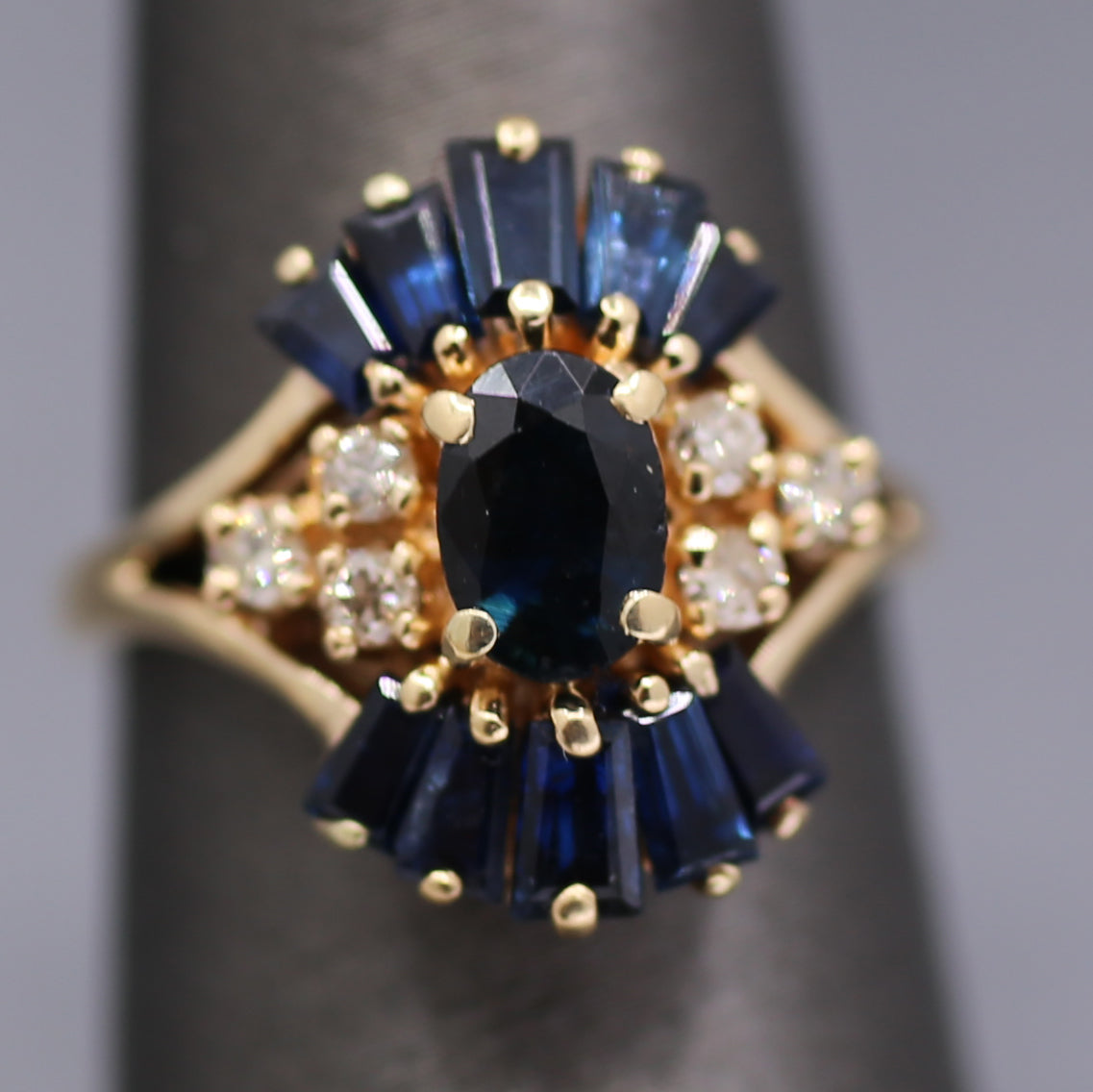 Art Deco Inspired Blue Sapphire and Diamond Cluster Ring in 14k Yellow Gold