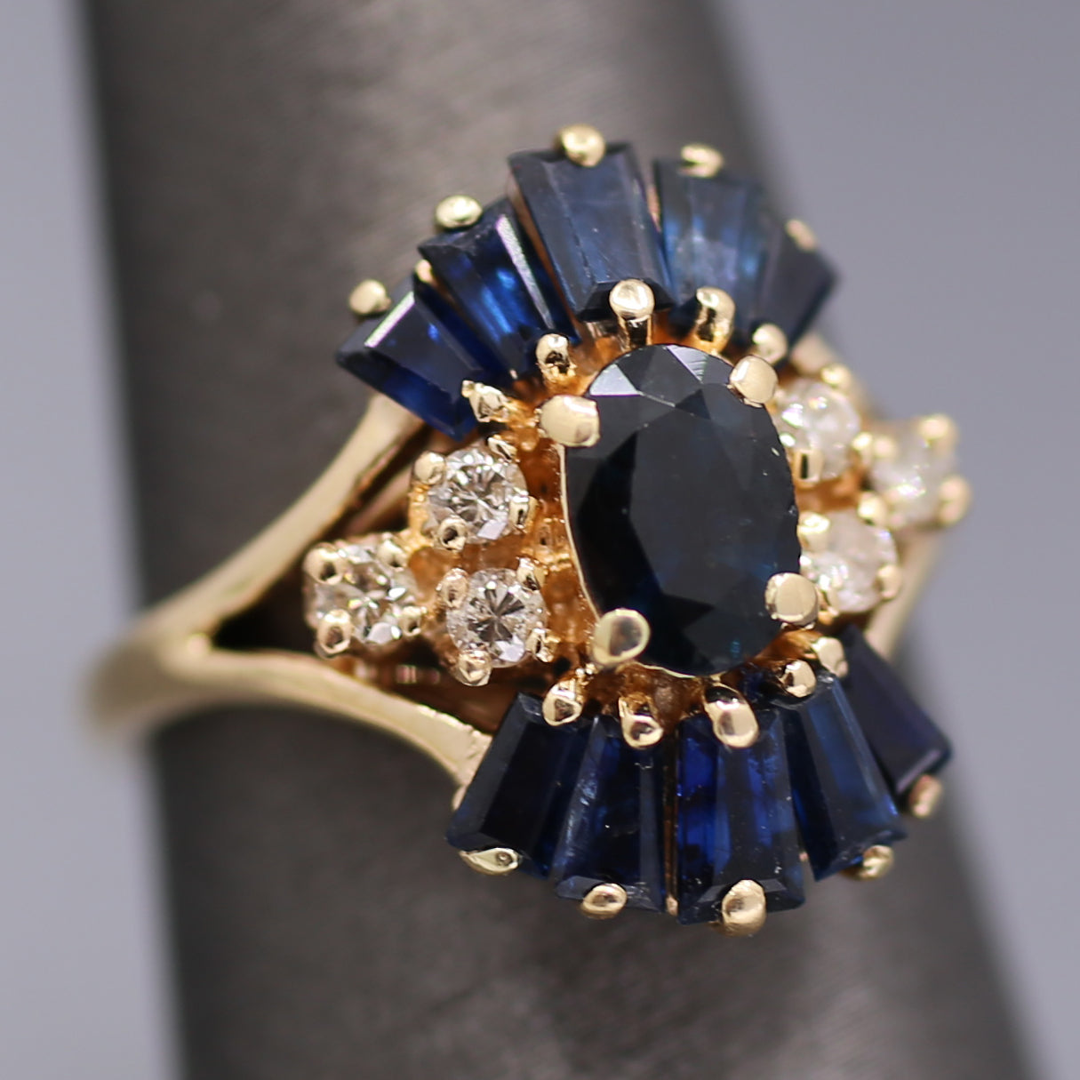 Art Deco Inspired Blue Sapphire and Diamond Cluster Ring in 14k Yellow Gold