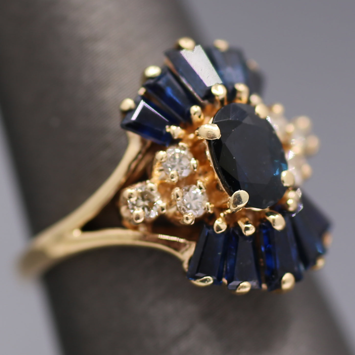 Art Deco Inspired Blue Sapphire and Diamond Cluster Ring in 14k Yellow Gold