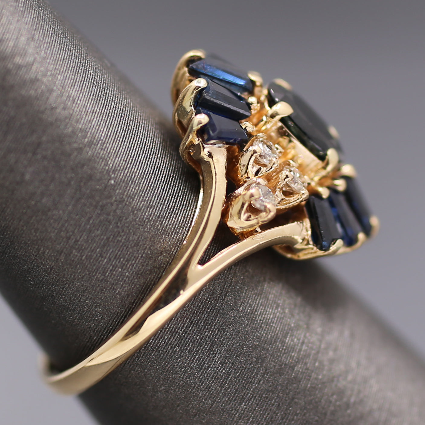 Art Deco Inspired Blue Sapphire and Diamond Cluster Ring in 14k Yellow Gold