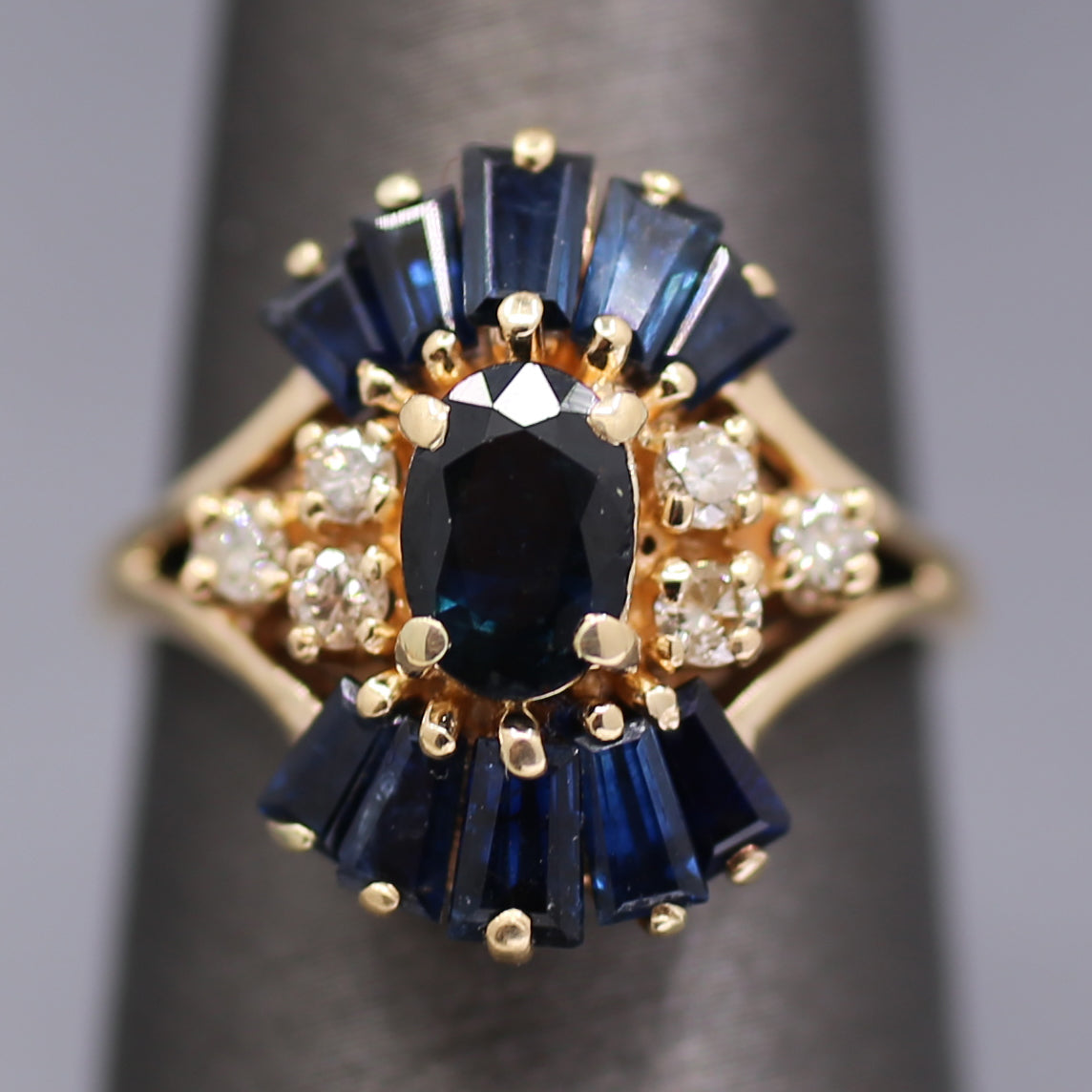 Art Deco Inspired Blue Sapphire and Diamond Cluster Ring in 14k Yellow Gold