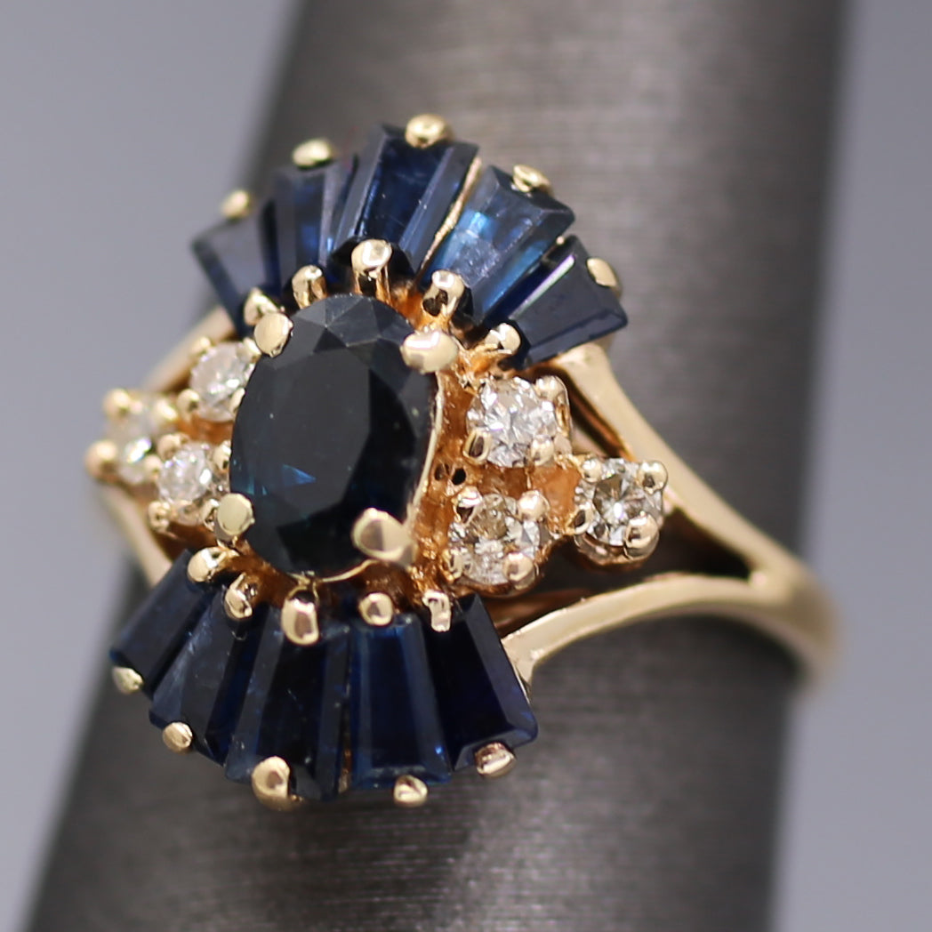 Art Deco Inspired Blue Sapphire and Diamond Cluster Ring in 14k Yellow Gold