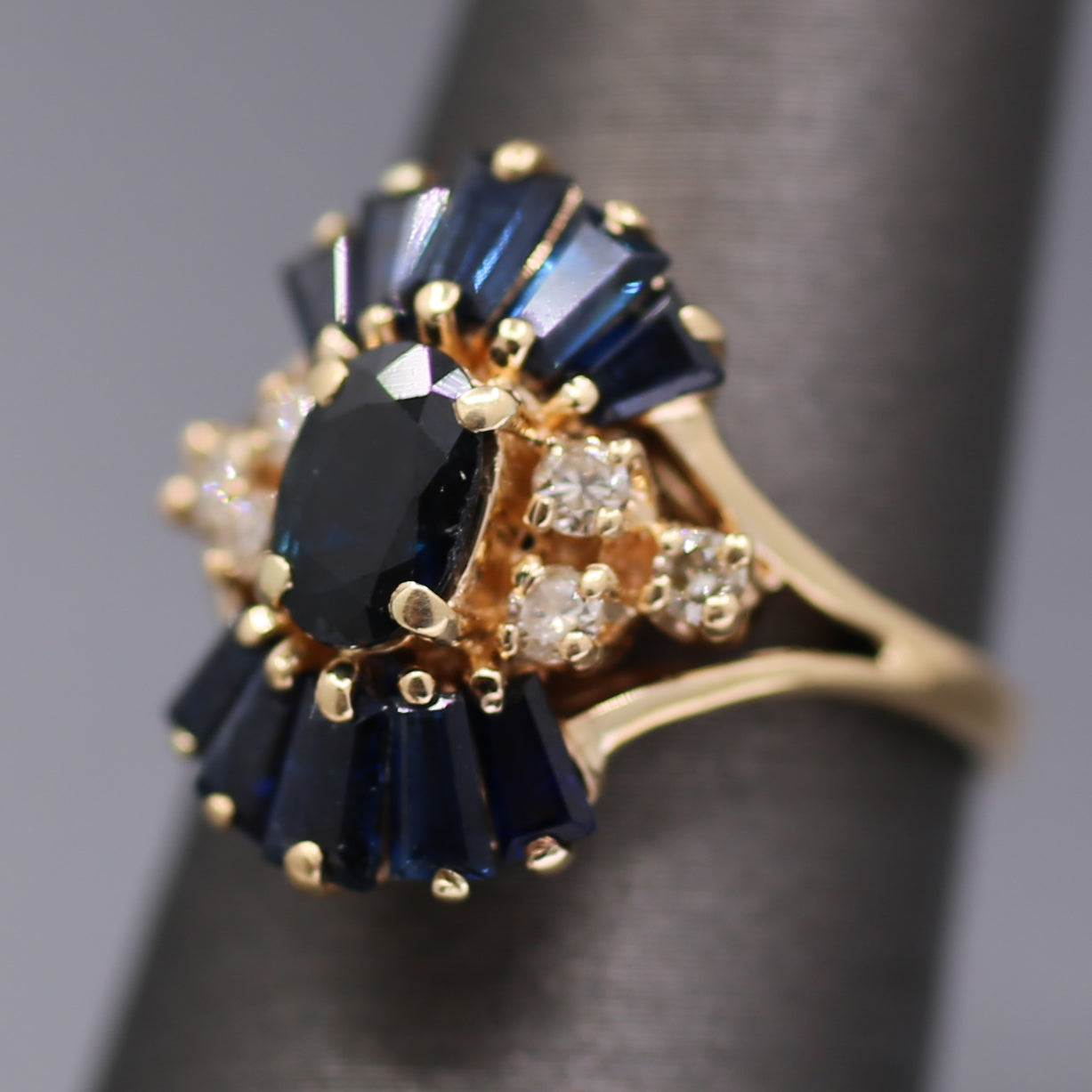 Art Deco Inspired Blue Sapphire and Diamond Cluster Ring in 14k Yellow Gold