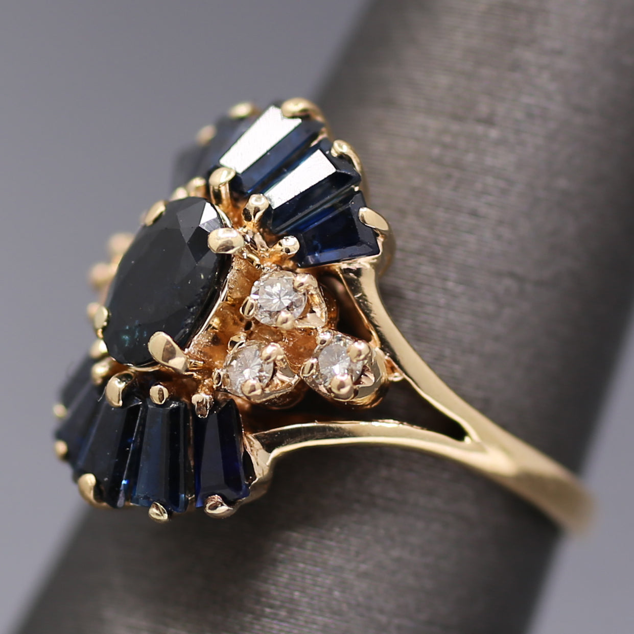 Art Deco Inspired Blue Sapphire and Diamond Cluster Ring in 14k Yellow Gold
