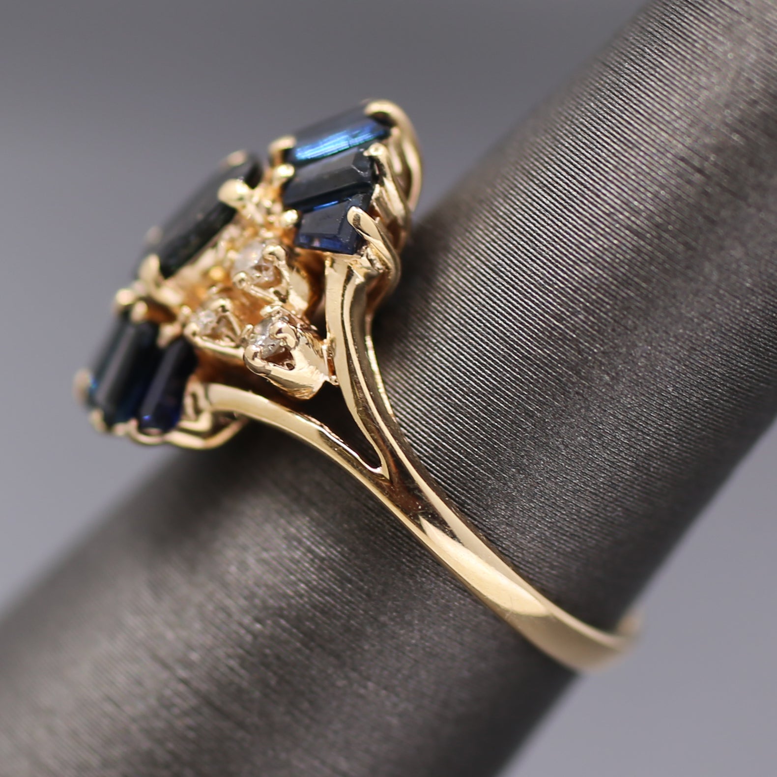 Art Deco Inspired Blue Sapphire and Diamond Cluster Ring in 14k Yellow Gold