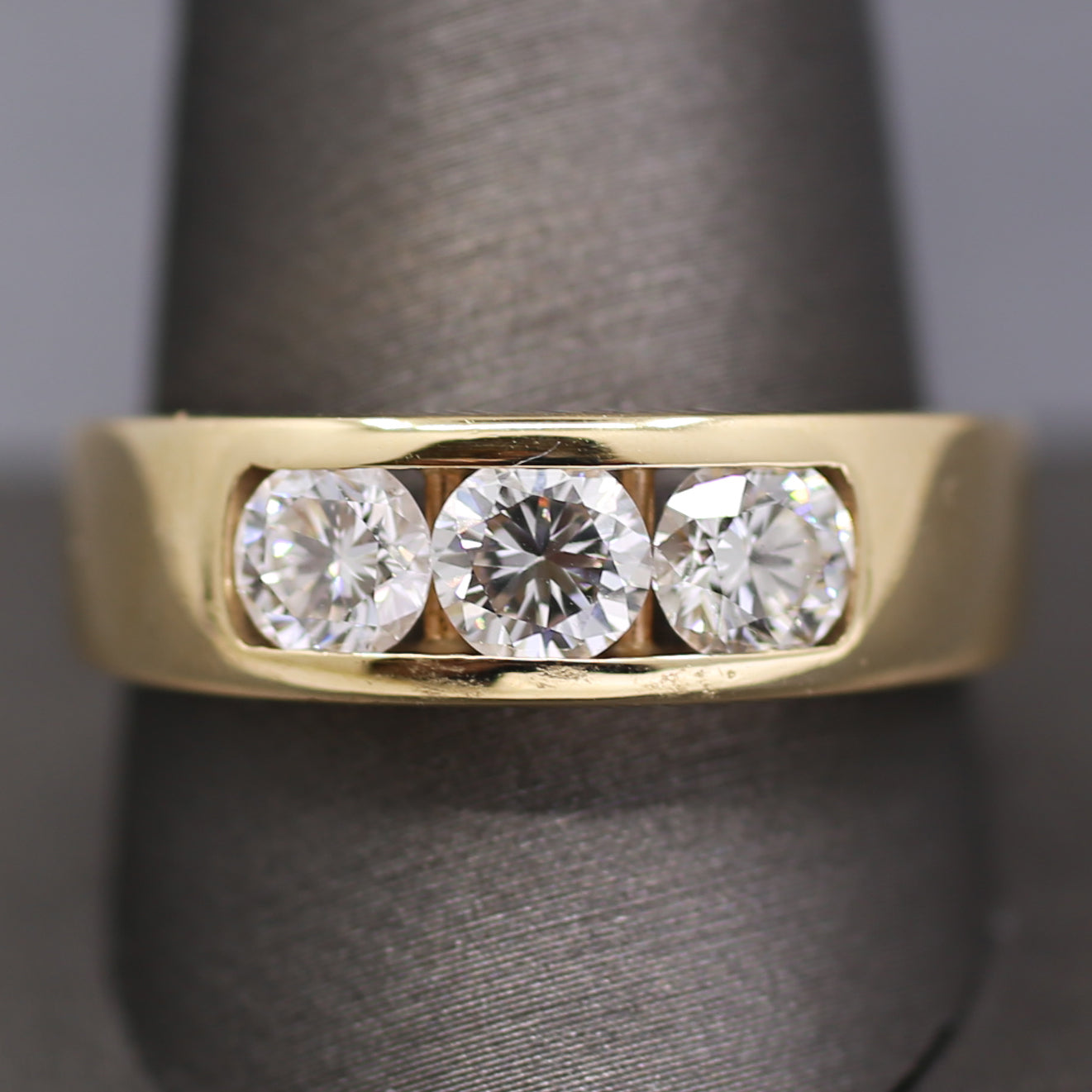 Sleek Men's Three Stone Diamond Channel Set Band Ring in 14k Yellow Gold