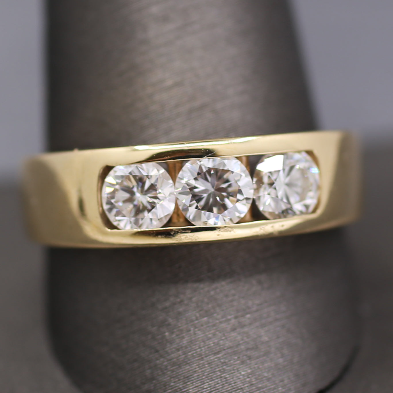 Sleek Men's Three Stone Diamond Channel Set Band Ring in 14k Yellow Gold
