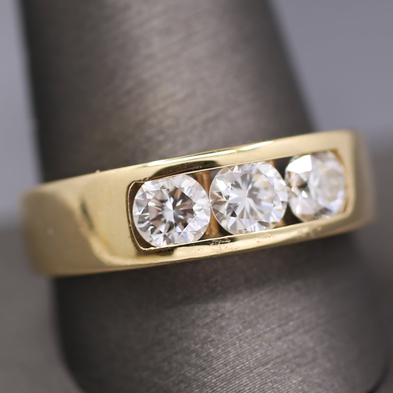 Sleek Men's Three Stone Diamond Channel Set Band Ring in 14k Yellow Gold