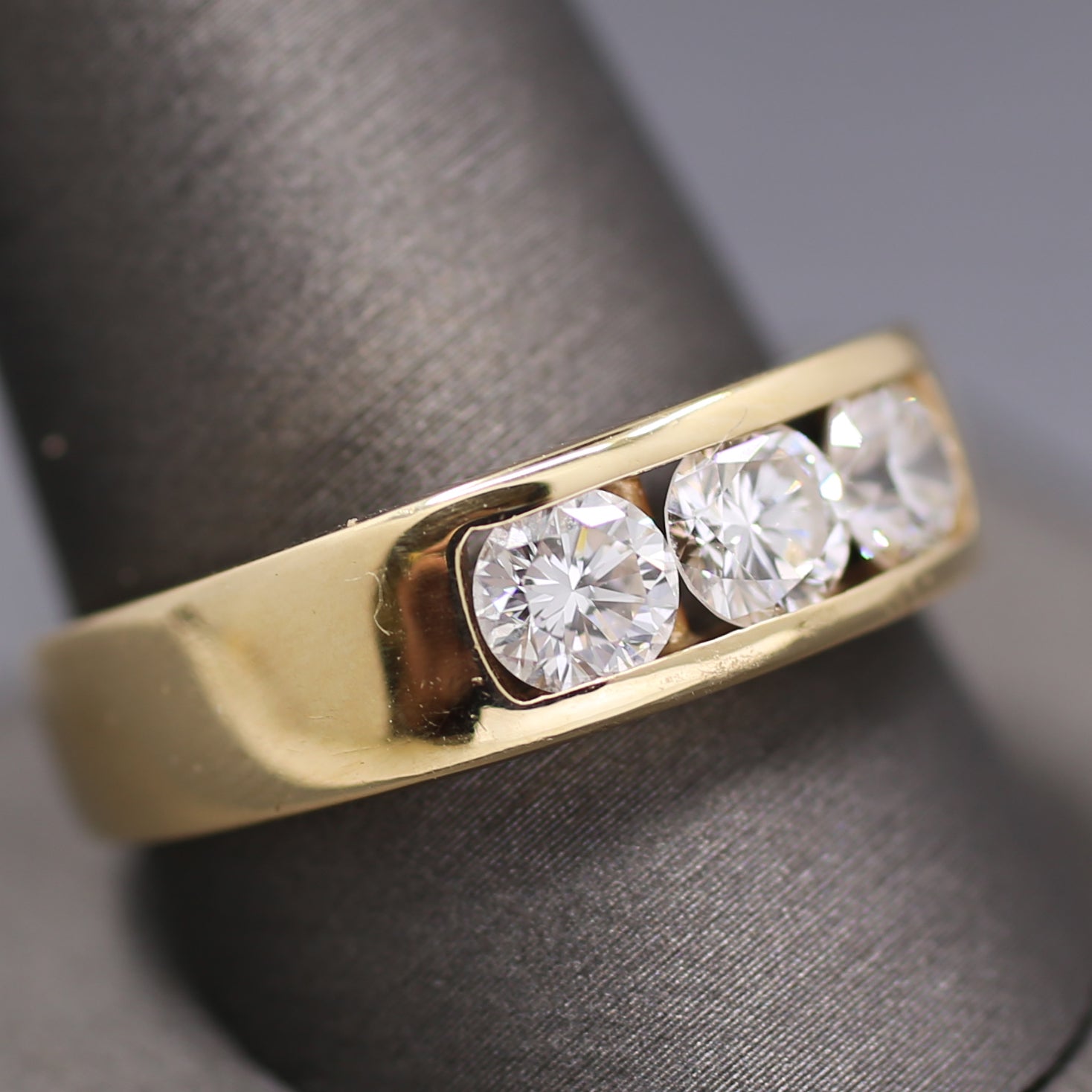 Sleek Men's Three Stone Diamond Channel Set Band Ring in 14k Yellow Gold
