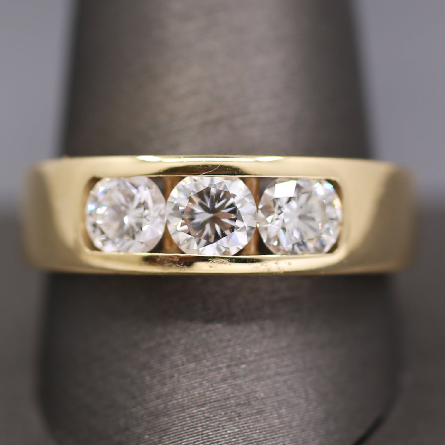 Sleek Men's Three Stone Diamond Channel Set Band Ring in 14k Yellow Gold