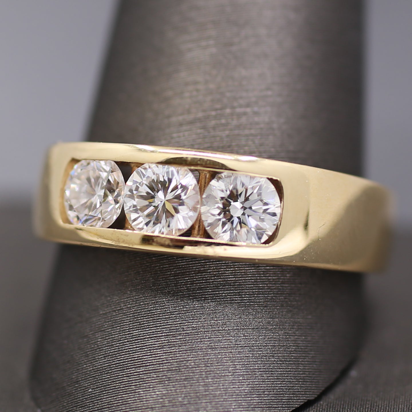 Sleek Men's Three Stone Diamond Channel Set Band Ring in 14k Yellow Gold