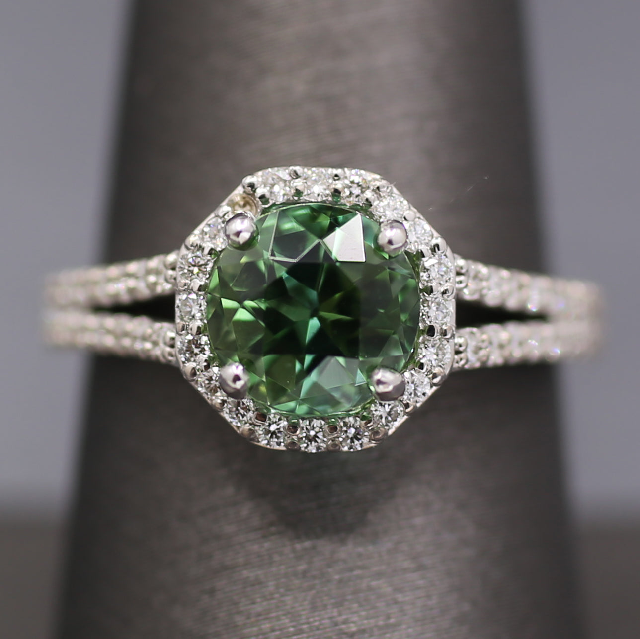Exquisite Mint Green Tourmaline and Diamond Split Shank Ring in 14k White Gold