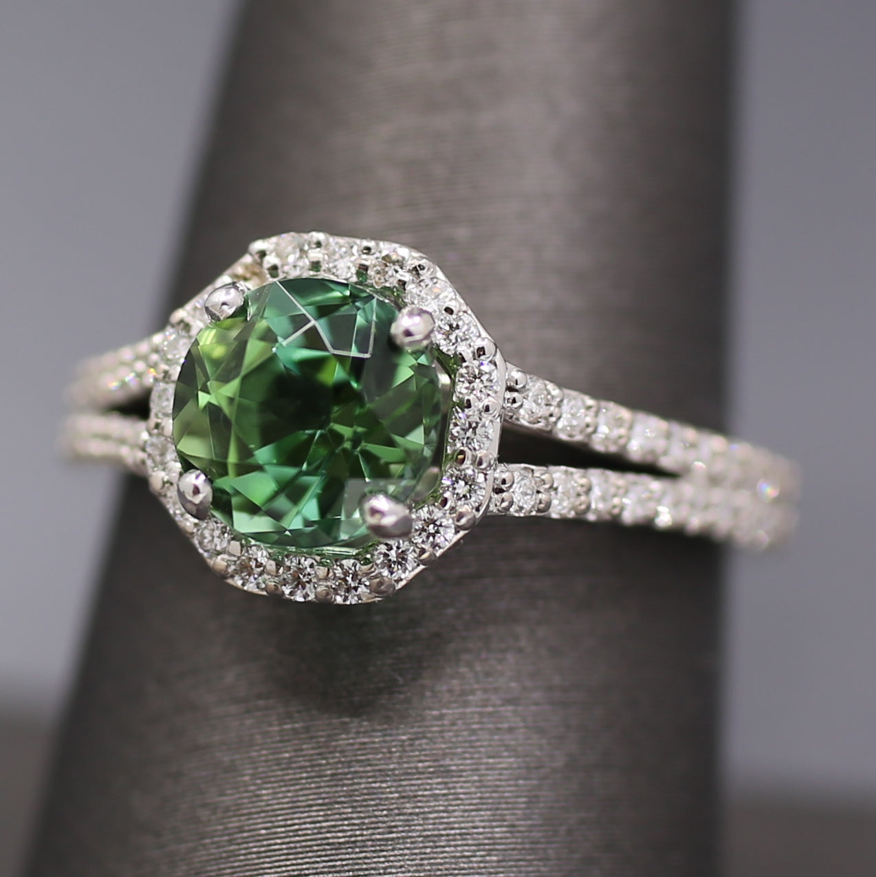 Exquisite Mint Green Tourmaline and Diamond Split Shank Ring in 14k White Gold