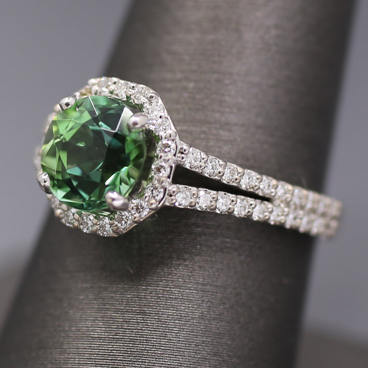 Exquisite Mint Green Tourmaline and Diamond Split Shank Ring in 14k White Gold